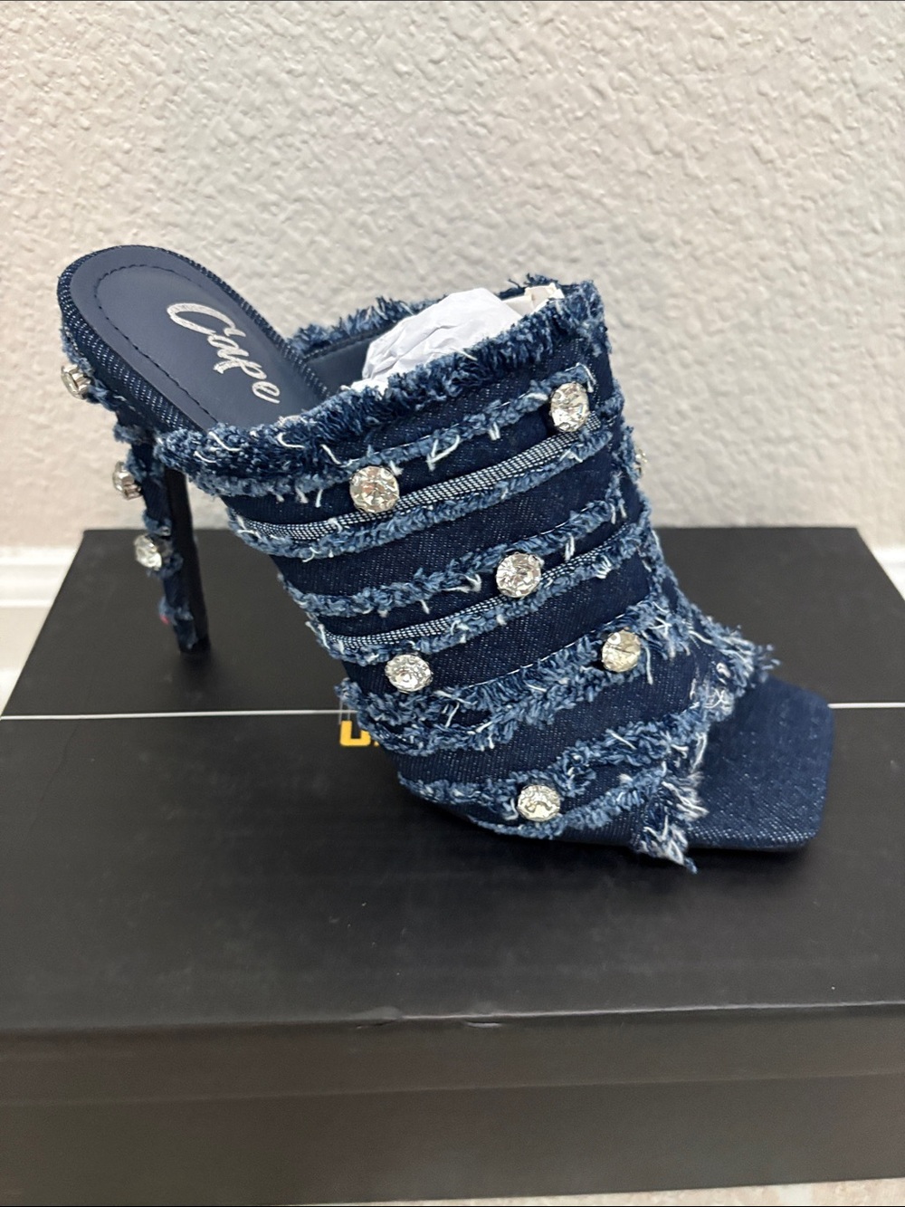 Denim Crystal-Embellished High Heel Mules